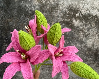 Crochet Lily Bouquet, Knitted Pink Lily & Leaf, Yarn Lilum, Home Decor Gift for Her