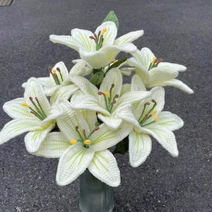 Finished Crochet Lily Bouquet Knitting Lily with Leaves Crochet Blossom Home Decor Ornament Gift for Mother Girlfriends Women Teacher