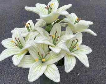 Finished Crochet Lily Bouquet Knitting Lily with Leaves Crochet Blossom Home Decor Ornament Gift for Mother Girlfriends Women Teacher
