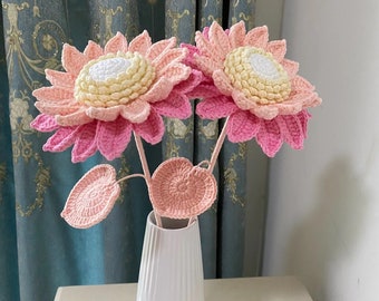 Crochet Pink Sunflower with Double Bendable Layer Petals & Leaf, Handmade Yarn Gradient  Floral Decor