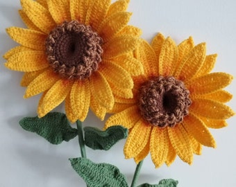 Crochet Sunflower, Knitting Double Layer Sunflowers with Leaves, Yarn Blossom Gift for Mom