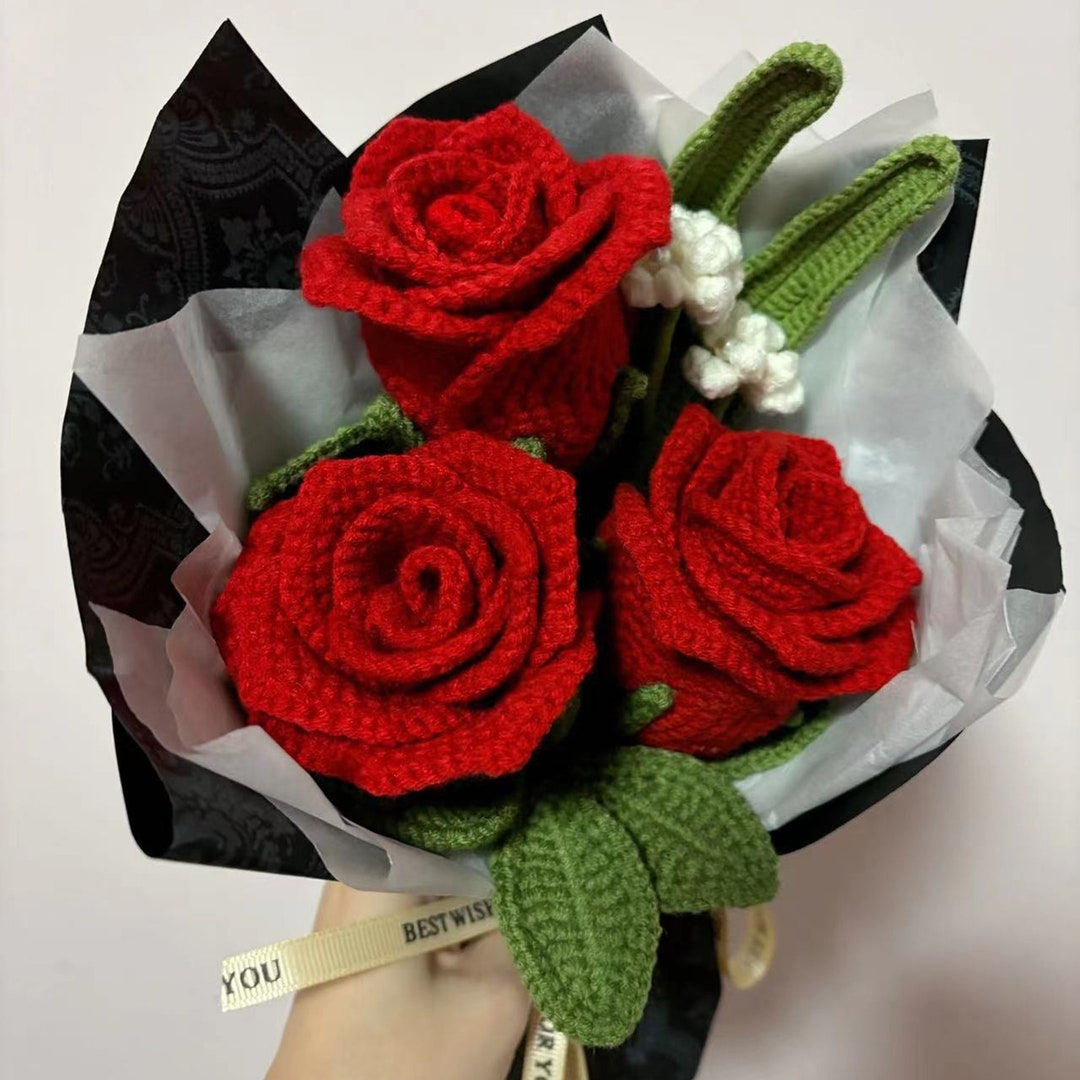 3pcs Crochet Red Rose Bouquet Knitting Rose Bouquet Flower Bouquet