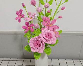 Crochet Rose Bouquet, Knitted Pink Flower Set, Yarn Blossom, Home Decor Gift for Friend