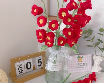 Crochet Red Lily of the Valley with Bud & Leaf, Handmade Yarn Blossom Decor