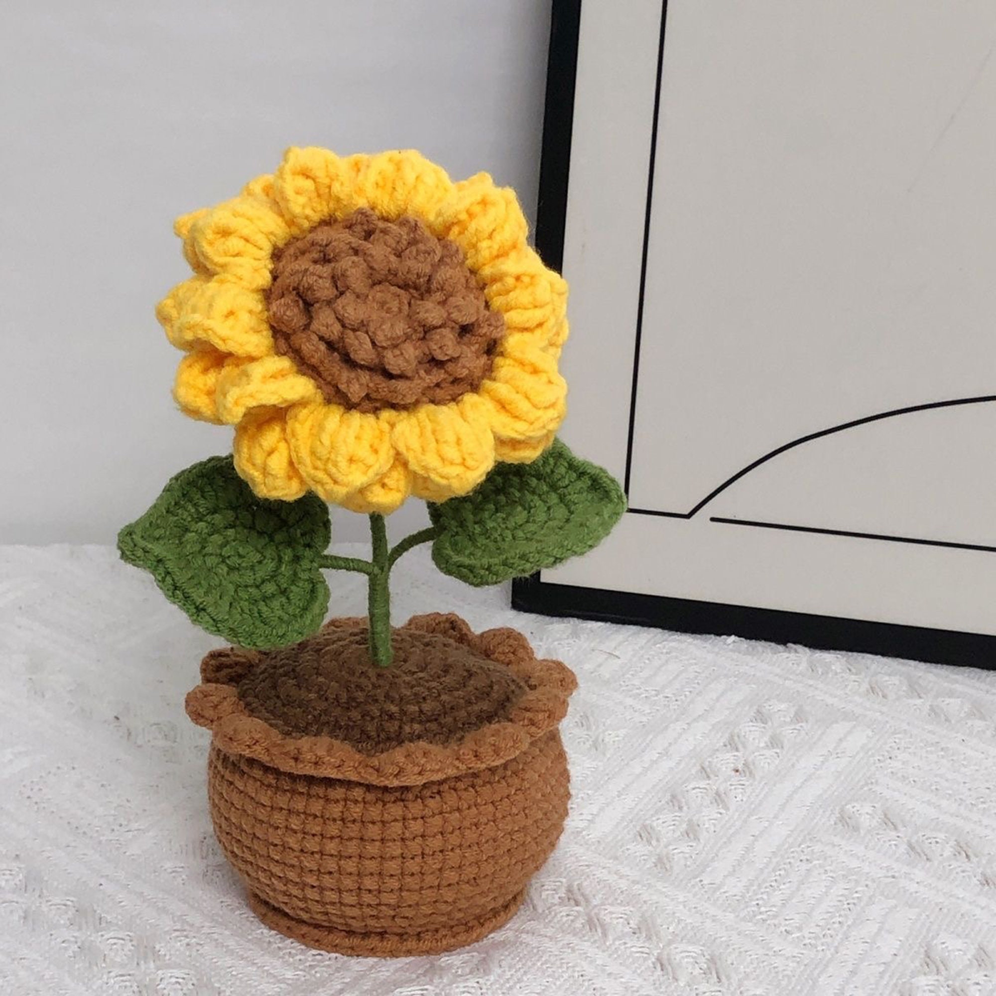 Mini Girasole All'Uncinetto Positivo - Decorazione Per Tavolo, Regalo Ottimista, 7x13 Cm - Foto 8