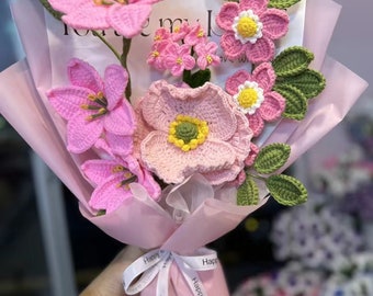 Crochet Flower Bouquet Set: Dog Rose, Lily, Poppy, Forget-Me-Not, Yarn Decor, Gift for Friend