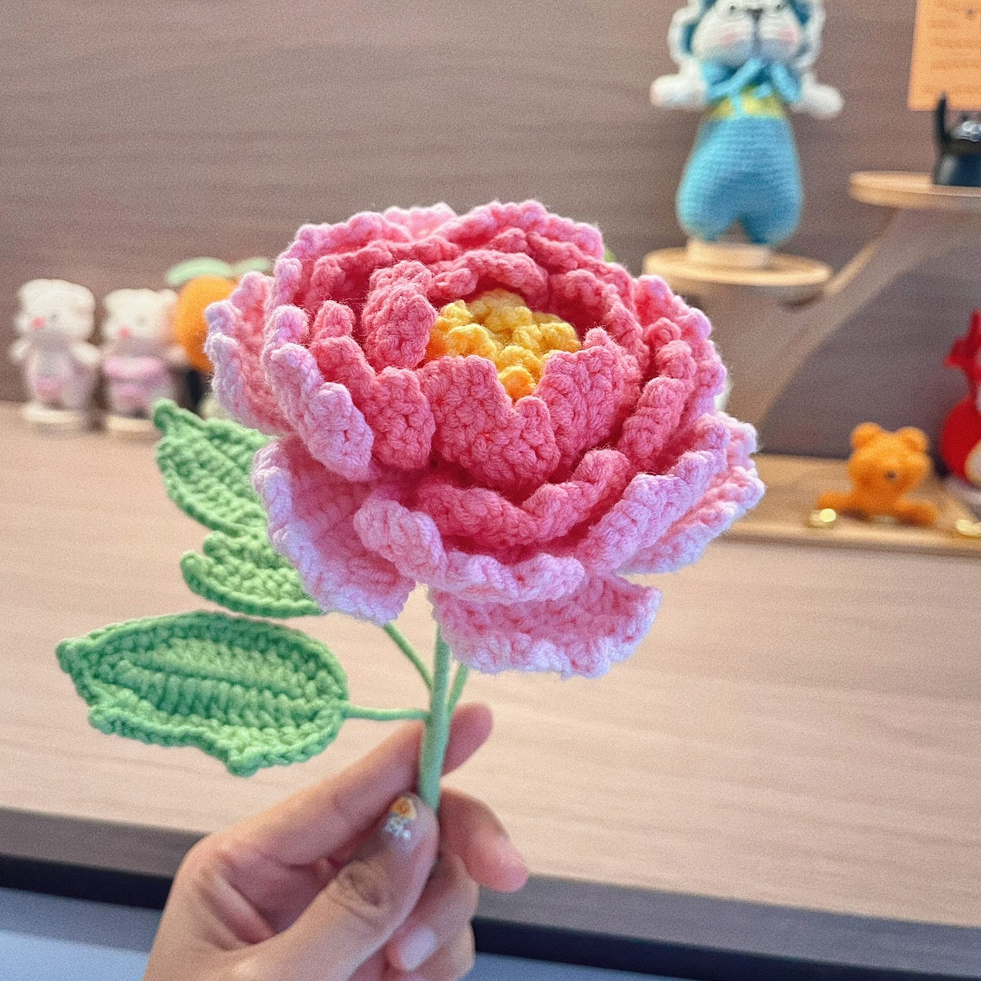 Finished Pink Peony Bouquet Crochet Peony Knitting Yellow Peony