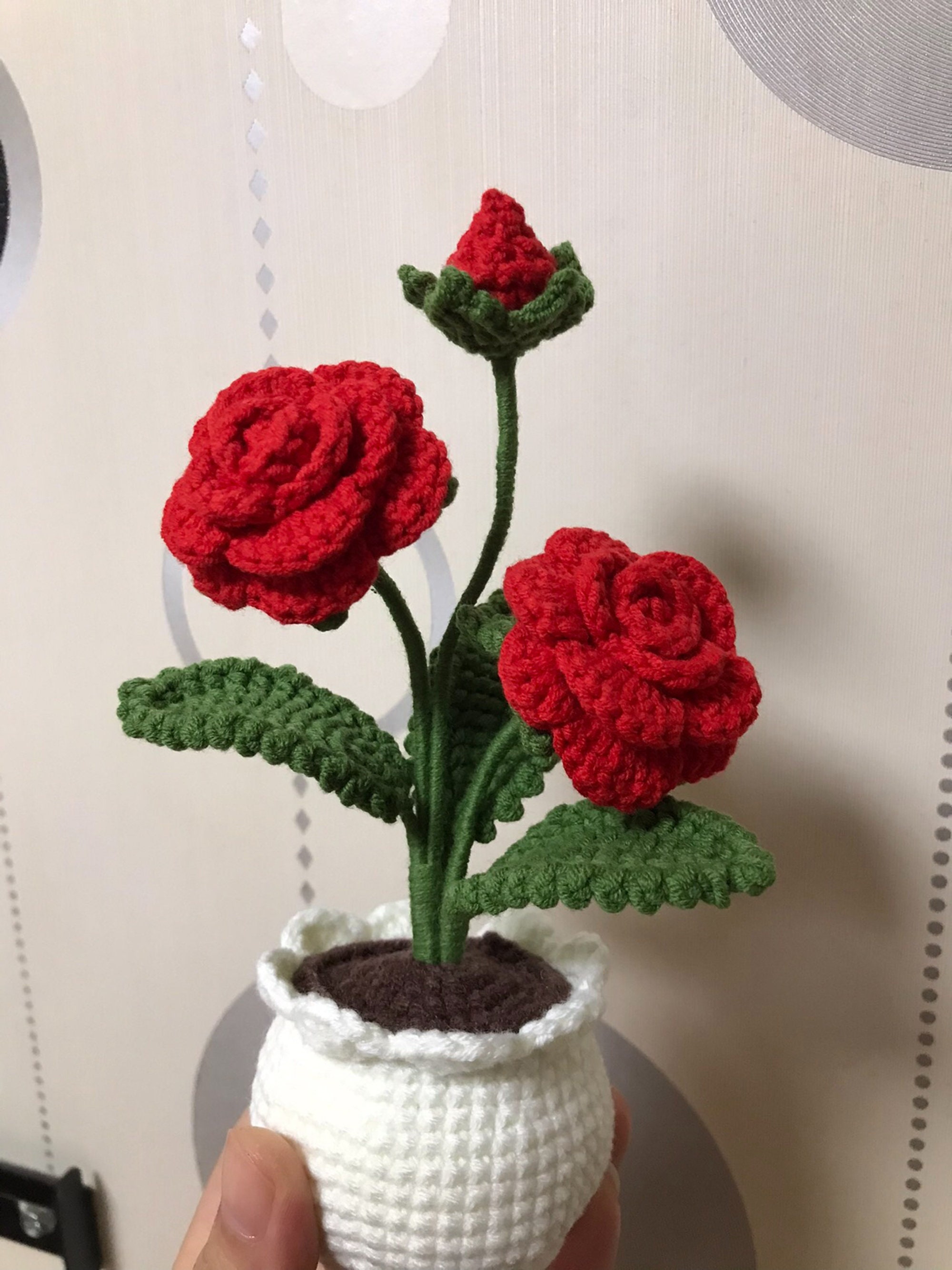 Crochet Potted Rose Mini Knitting Red Rose With Flower Vase Yarn