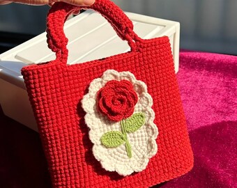 Crochet Rose Bag Crochet Rose Handbag Knitting Red Rose Bag Lady Tote Knitting Rose Gift for Mother Girlfriend Women