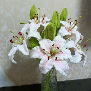 Finished Crochet White Lily Knitting Pink Lily with Leaves Crochet Blossom Bouquet Home Decor Gift for Mother Friend Women Classmate Teacher