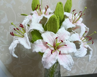 Finished Crochet White Lily Knitting Pink Lily with Leaves Crochet Blossom Bouquet Home Decor Gift for Mother Friend Women Classmate Teacher