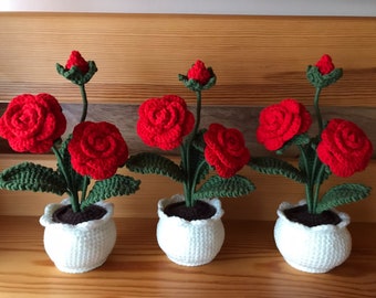 Crochet Potted Rose Mini Knitting Red Rose With Flower Vase Yarn