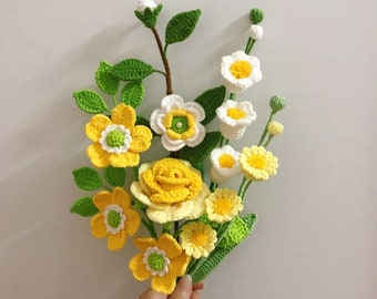 Finished Sunflower Bouquet Crochet Rose Bouquet Knitting Sunflowers with Leaves Crochet Lily of Valley Dog Rose Home Ornament Gift for Mom