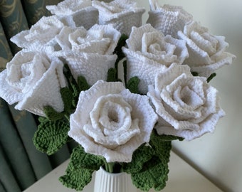 Crochet White Rose Crochet Flower Knitting White Rose with Leaves Crochet Rose Bouquet Blossom Gift for Mother Girlfriends Women