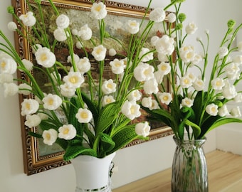 Crocheted Lily of the Valley Flower Arrangement, White Yarn Blossom, Wedding Decor