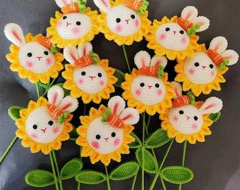 Finished Crochet Sunflower Rabbit Bouquet, Knitting Sunflower, Pig, Yarn Blossom Eternal Floral Home Decor