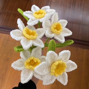 Crochet Narcissus Knitting Daffodil with Leaves Crochet Blossom Home Decor Ornament Gift for Mother Girlfriends Women Classmates Teacher