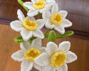Crochet Narcissus, Knitting Daffodil with Leaves, Yarn Blossom Home Decor Gift for Her, Mom