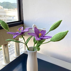 Finished Crochet White/Purple Lily Bouquet Knitting Pink Lily with Leaves Crochet Blossom Home Decor Ornament Gift for Mom Girlfriends Women