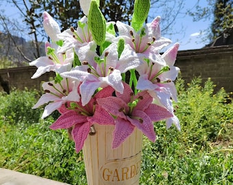 Finished Crochet White Lily Bouquet Knitting Pink Lily with Leaves Crochet Blossom Home Decor Ornament Gift for Mother Girlfriends Women