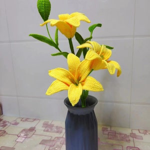 Finished Crochet Yellow Lily Bouquet Knitting Lily with Leaves Crochet Blossom Home Decor Ornament Gift for Mother Girlfriends Women