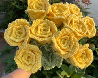 Finished Crochet Yellow Rose Knitting Rose Bouquet Crochet Flower Bouquet Rose Home Ornament Room Decor Gift for Mom