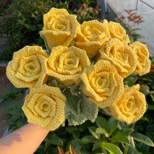 Finished Crochet Yellow Rose Knitting Rose Bouquet Crochet Flower Bouquet Rose Home Ornament Room Decor Gift for Mom