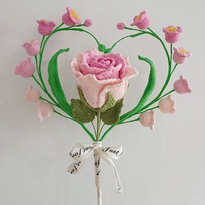 Finished Bride Bouquets Crochet Pink Rose Crochet Lily of the Valley Knitting Rose Wedding Bouquet Rose Home Ornament Gift for Bride
