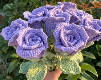 Finished Crochet Rose Knitting Purple Rose Bouquet Flower Bouquet Rose Home Ornament Room Decor Gift for Mother Girlfriend Teacher Friends