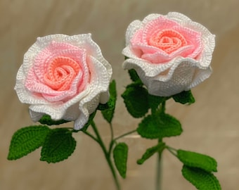 Crochet Gradient Pink Thailand Rose with Leaves, Kintted Rose Bouquet Gift for Mom Girlfriends