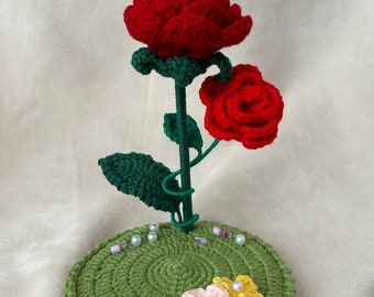 Crochet Phone Stand, Red Rose Cellphone Holder, Yarn Floral Blossom, Phone Rack Smartphone Accessories