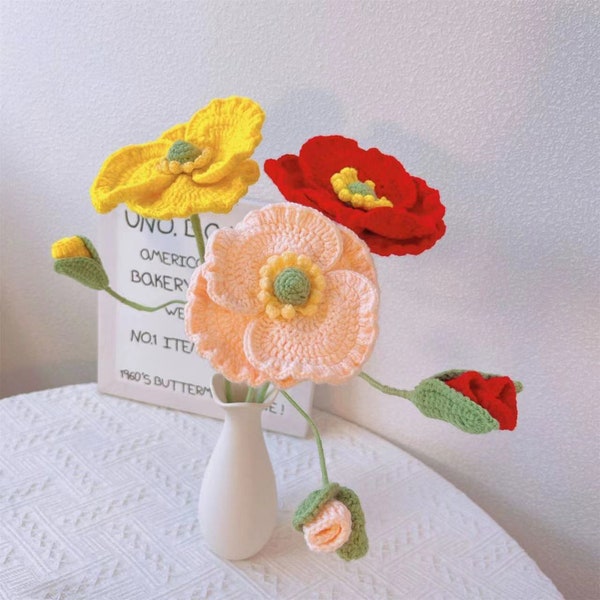 Finished Crochet Corn Poppy Crochet Papaver Rhoeas Knitting Corn Poppy with Bud Crochet Blossom Knitting Floral Home Ornament Gift for Mom