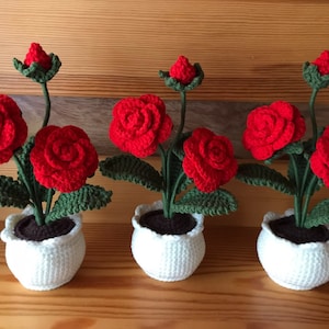 Virkad roskruka, stickad röd blomma och vas, garn Flora heminredning present till vänner