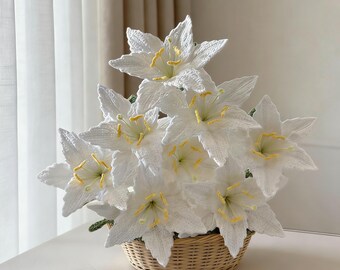 Crocheted Lily with Leaf: Heavy Craft Yarn Blossom with Multiple Colors, Gift For Friends
