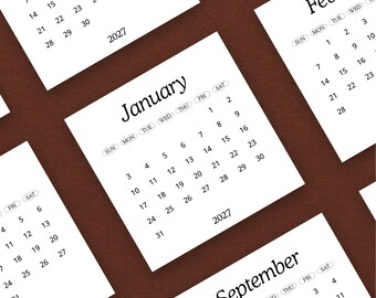 2027 Mini Calendar 3x3 2027 Desk Calendar Editorial Style 2027 Small Planner Insert Printable PDF Junk Journal 3x3 Inch Instant Download