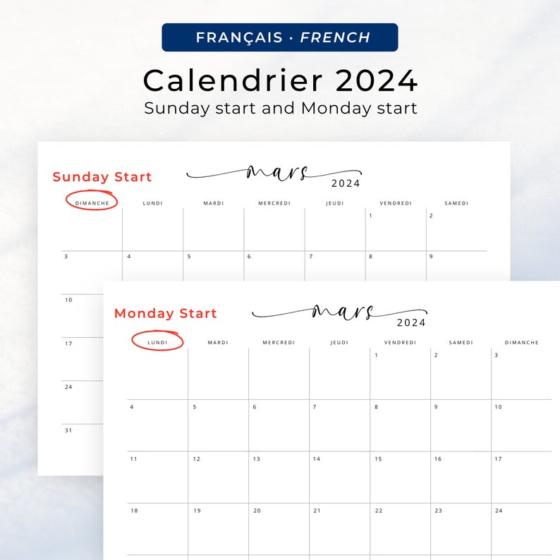 Calendrier 2024 Calendrier Français 2024 Planificateur Imprimable 2024