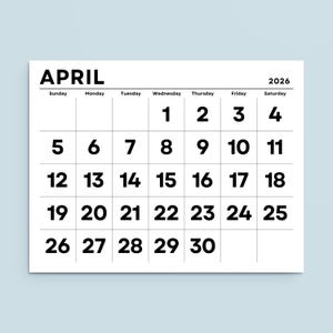 Calendario de pared 2026 fácil de leer, planificador 2026 con números grandes, planificador mensual 2026 horizontal, inicio domingo y lunes, PDF imprimible, tamaño carta A4 (EE. UU.)
