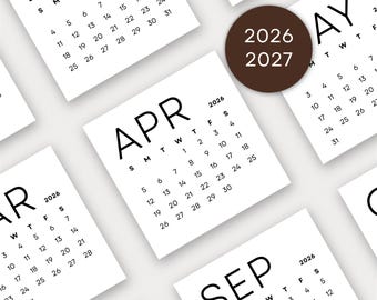 May include: A collection of minimalist 2026 and 2027 calendars. Each calendar features a month's name in large, bold font, with the days of the week and dates arranged in a grid. The color scheme is black and white, with a circular brown accent.