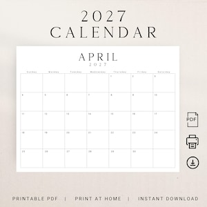 Könnte beinhalten: Ein druckbarer Kalender für April 2027. Der Kalender ist in Schwarzweiß gehalten und hat ein schlichtes Design. Es ist eine PDF-Datei, die zu Hause ausgedruckt werden kann.