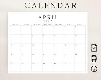 Calendario 2027 Planificador mensual 2027 Paisaje LUXE Calendario mensual 2027 Inicio domingo y lunes Calendario de pared PDF imprimible Descarga instantánea