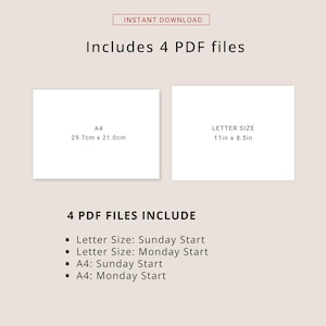 May include: Digital download graphic with the text "INSTANT DOWNLOAD" and "Includes 4 PDF files." Two white rectangles display dimensions: A4 (29.7cm x 21.0cm) and Letter Size (11in x 8.5in). Below, a list details the PDF files.