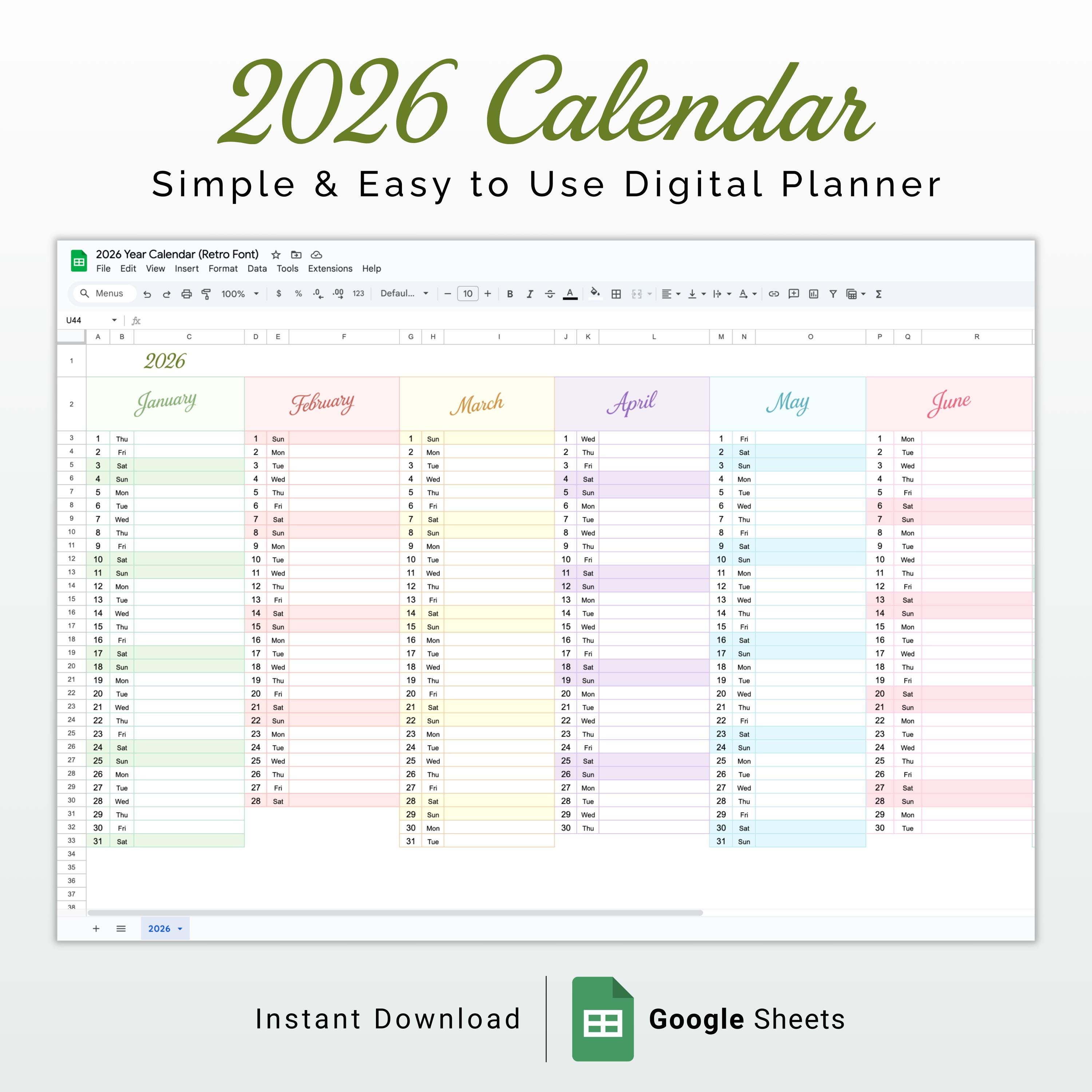 2026 Digital Calendar Google Sheets Template 2026 Online Planner Simple ...