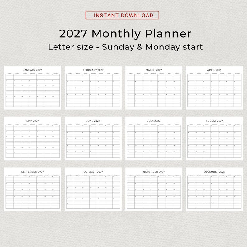 2027 Monthly Planner Lined 2027 Calendar With Lines Landscape Sunday