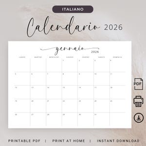 Może przedstawiać: Biały kalendarz do wydruku na styczeń 2026 roku, ze słowem "Calendario" i rokiem 2026 w czarnym skrypcie. Dni tygodnia są wymienione na górze. Tekst "PDF do wydruku", "Drukuj w domu" i "Natychmiastowe pobieranie" znajduje się na dole.