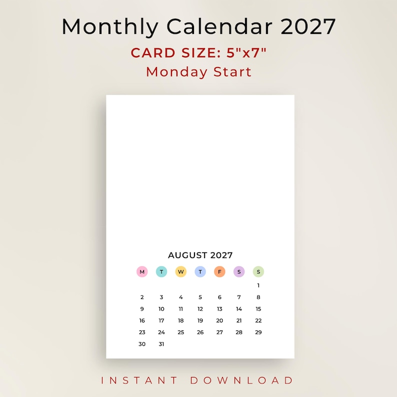 Small 2027 Monthly Calendar 5x7 Inch 2027 Calendar Card Portrait ...