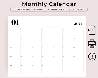 Calendar 2024 Calendar Printable 2024 Monthly Planner Landscape Sunday Start Monday Start Minimal Calendar PDF A4 Letter Size Wall Calendar