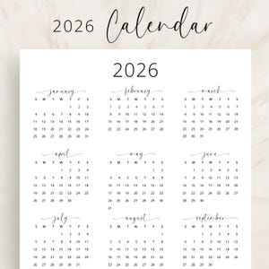 Calendario anual 2026 Calendario vertical 2026 Calendario de pared imprimible 2026 Calendario de escritorio elegante tamaño carta A3 A4 Planificador PDF 2026
