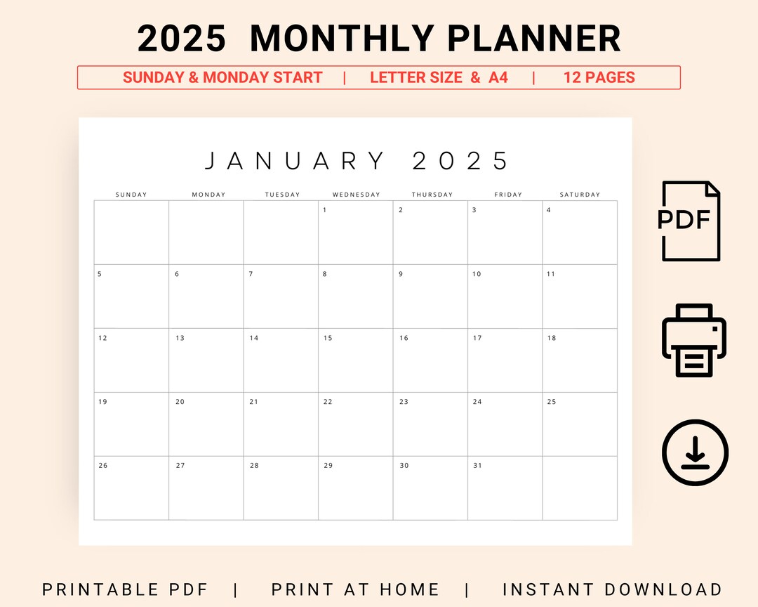 2025 Monthly Planner Landscape 2025 Monthly Calendar Sunday Etsy