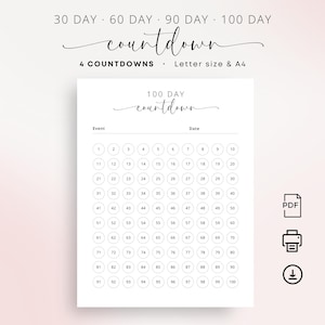 Rastreador de cuenta regresiva de 30, 60, 90, 100 días imprimible para aniversario de bodas, vacaciones, día festivo, año nuevo, jubilación, cuenta regresiva, tamaño carta A4, elegante
