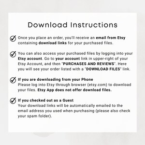 May include: A checklist of instructions for downloading digital files purchased from Etsy. The instructions include downloading from an Etsy account, downloading from a phone, and downloading as a guest.